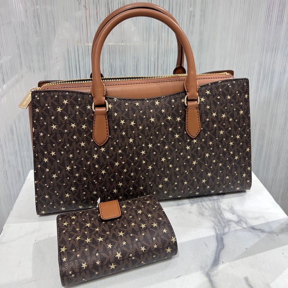 NWT MICHAEL KORS OUTLET Arden Medium Printed Signature Logo Satchel with wallet - Picture 4 of 12